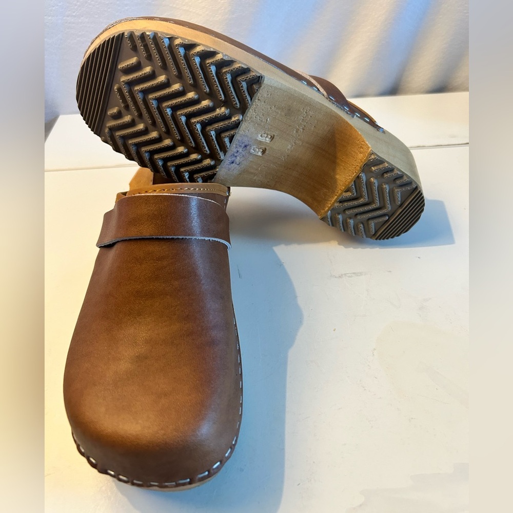 BJORK Maja Brown Leather Mule Clog with Wooden Sole Open Back Sz 39  8-8.5 - Picture 14 of 16